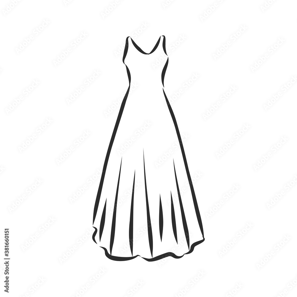 women's dresses. Hand drawn vector illustration. Black outline drawing isolated on white background women's dress, vector sketch illustration women's dresses. Hand drawn vector illustration. Black outline drawing isolated on white background women's dress, vector sketch illustration