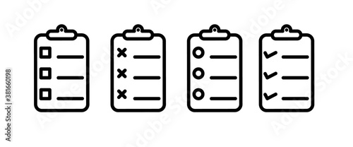Set vector icons. clipboard with to do list and pencil. Lines with check boxes.
