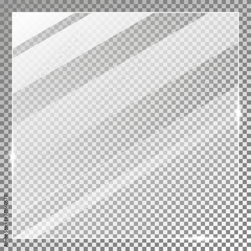 Glass plate on transparent background, clear glass showcase, realistic window mockup, acrylic and glass texture with glares and light, realistic transparent glass window in rectangle frame – vector