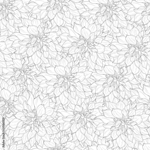 Realistic dahlia flower seamless pattern template. Cartoon peony illustration in black and white for games, background, pattern, decor. Print for fabrics. Coloring paper, page, story book