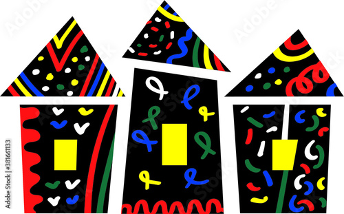 Decorative cartoon colorful houses. Oriental fairy nahd drawn buildings, vector illustration of city scape.