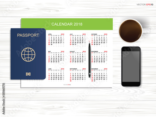Abstract background of calendar with passport, smartphone and coffee cup on wood. Background for tourism and traveling idea. Vector.