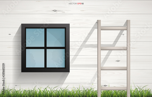 Abstract background of wooden Ladder and square window on wooden wall texture with horizontal slats wood wall of house. Vector.