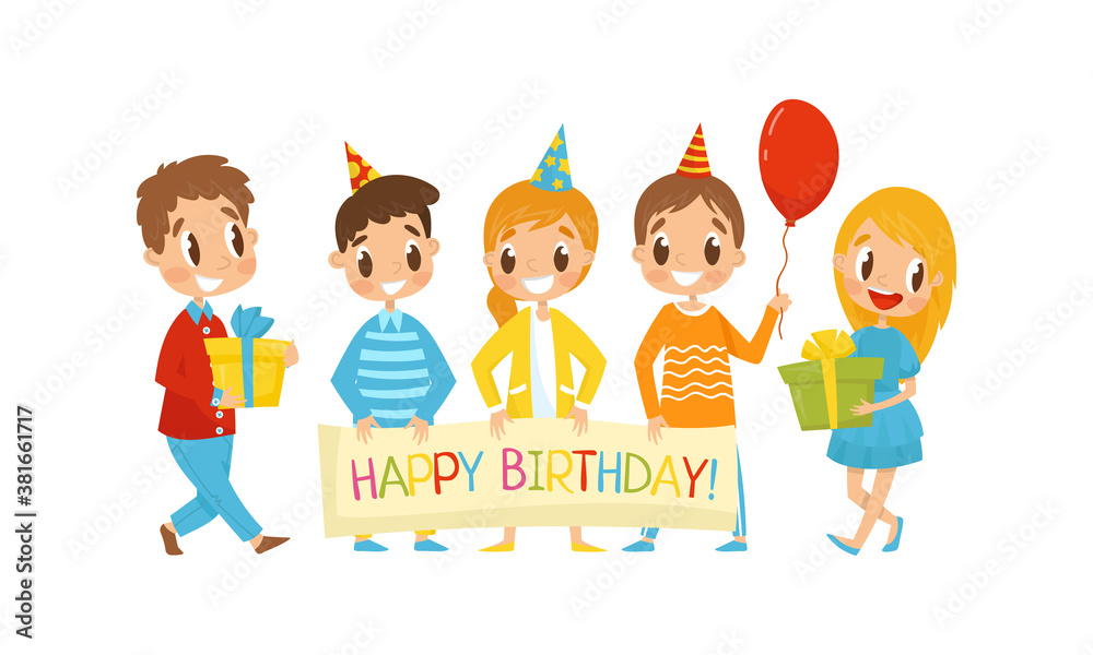 Joyful Boy and Girl Character with Festive Hat Holding Placard and Balloon Vector Illustration Set Joyful Boy and Girl Character with Festive Hat Holding Placard and Balloon Vector Illustration Set