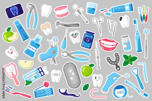Set of vector cartoon illustrations of stickers with medical dental tools for dental treatment and oral cavity.