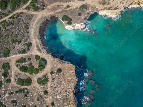 View of the coastline at the Plemmirio, a natural marine reserve near Syracuse, in the southern Sicily, Italy. The shot is taken in a sunny day