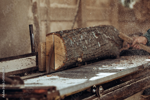 Carpenter cuts wooden board on circular saw.