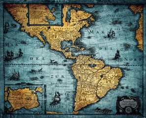 Old geographic map of South and North America. Concept on the theme of travel, adventure, geography, discovery, history. Map of the 18th century, time of geographical discoveries.