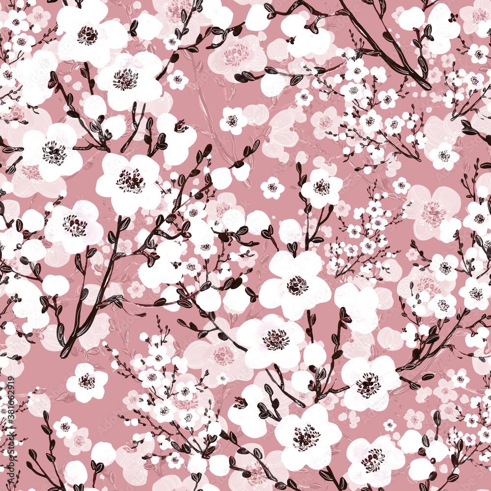  Beautiful floral seamless pattern painted by paints spring branches