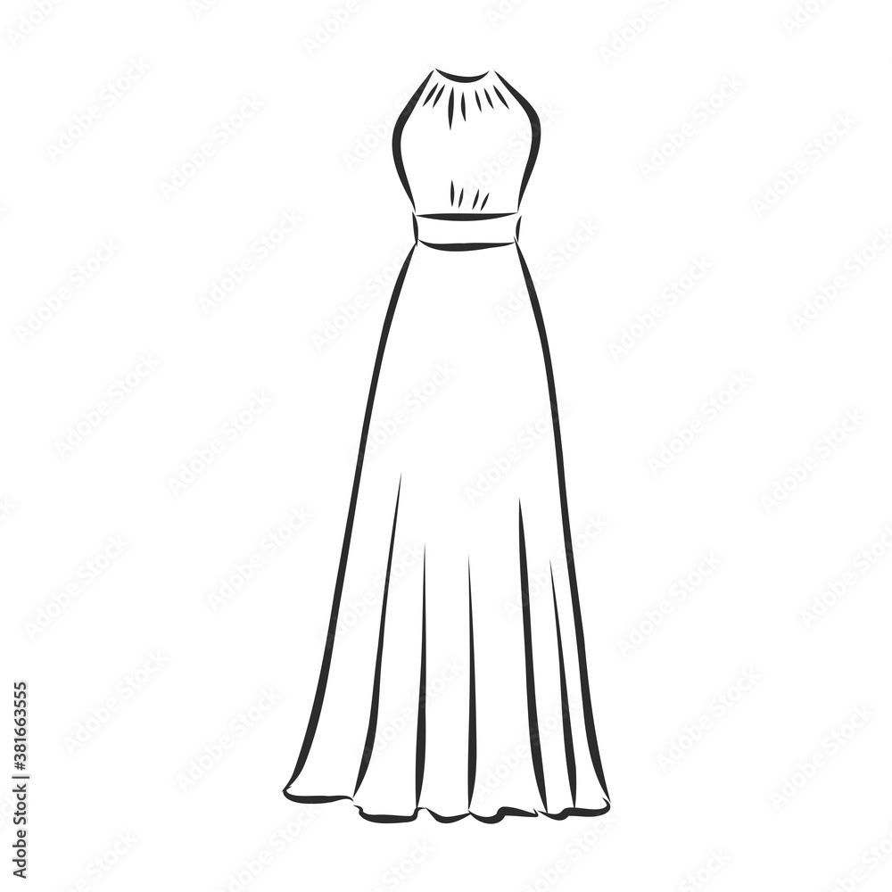 women's dresses. Hand drawn vector illustration. Black outline drawing isolated on white background women's dress, vector sketch illustration women's dresses. Hand drawn vector illustration. Black outline drawing isolated on white background women's dress, vector sketch illustration
