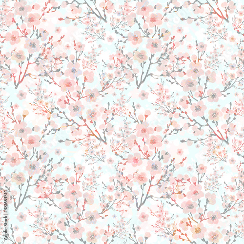  Beautiful floral seamless pattern painted by paints spring branches