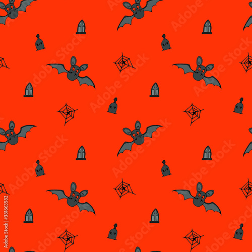 Halloween, October 31 All Saints Day, seamless pattern, attributes of a happy holiday curse, flying wash, spider web, graves, coffin, postcards, print, poster © Алиса Шевкунова