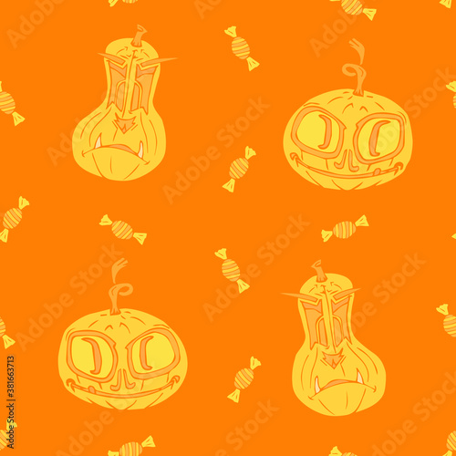 Halloween, October 31 All Saints Day, seamless pattern, attributes of a happy holiday, curse pumpkin, sweets, postcards, print, poster