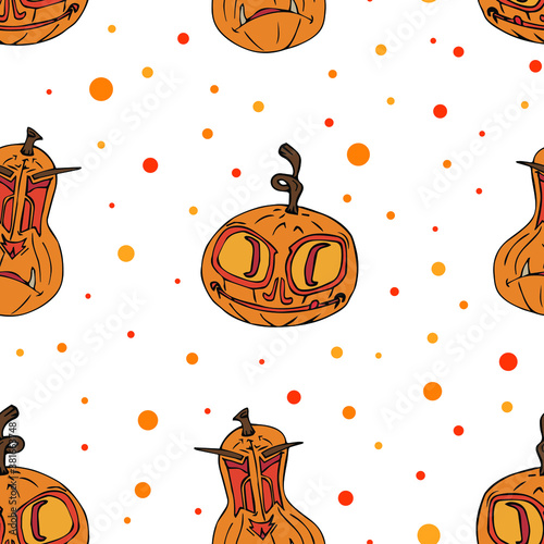 Halloween, October 31 All Saints Day, seamless pattern, attributes of a happy holiday, curse pumpkin, sweets, postcards, print, poster