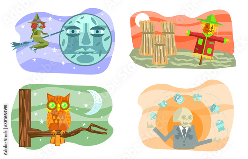 a set of scary cute halloween scenes and spooky holiday elements bright colors