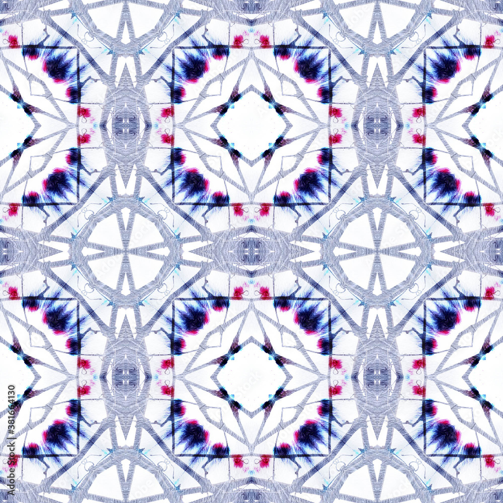 Geometric Painting. Seamless Tie Dye Illustration. Ikat Turkish Print. Blue and White Seamless Texture. Abstract Kaleidoscope Print. Ethnic Geometric Hand Painting.