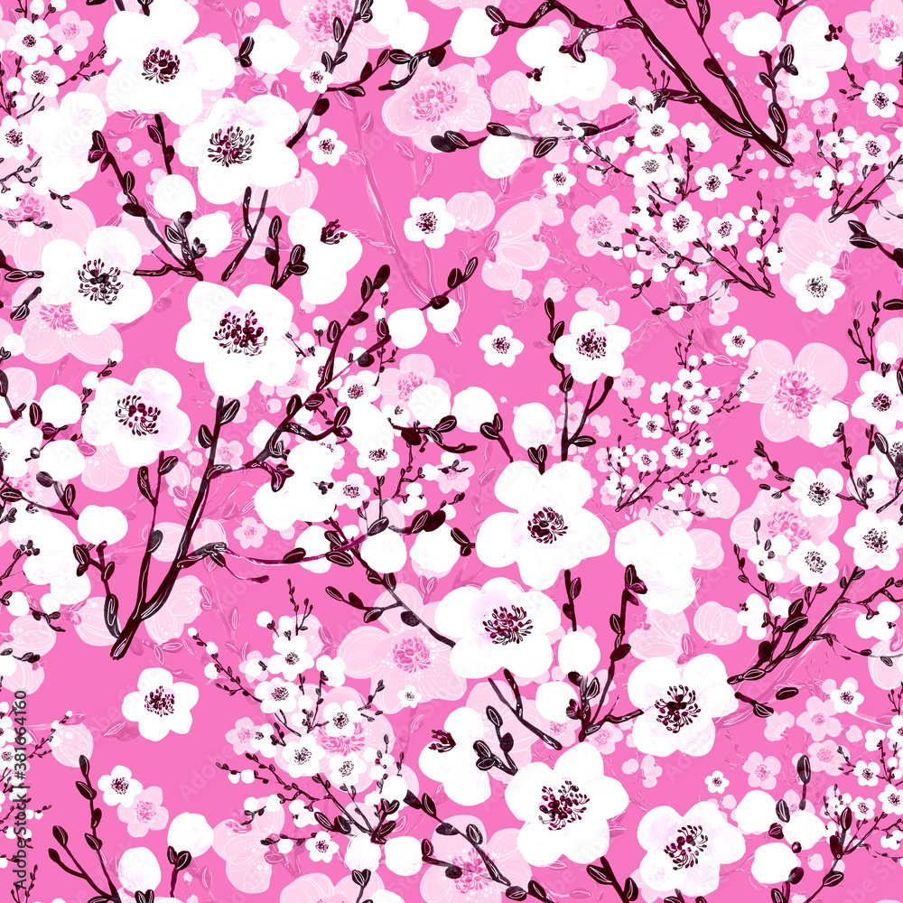 Beautiful floral seamless pattern painted by paints spring branches Beautiful floral seamless pattern painted by paints spring branches