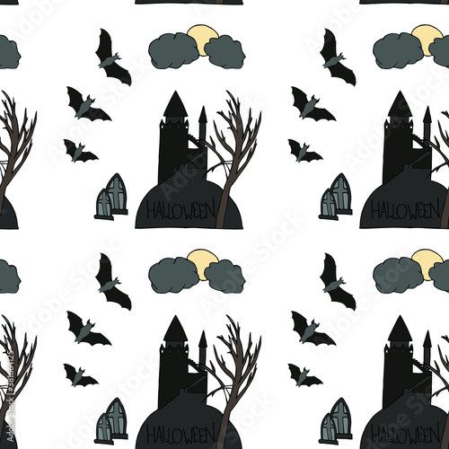 Halloween, 31 October All Saints Day, seamless pattern, attributes of a happy holiday, curse of the castle, cemetery, graves, moon in the clouds, bats, postcards, print, poster, wallpaper