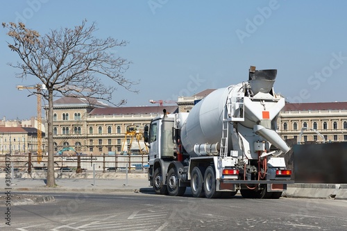 Concrete mixer truck at a city construction site