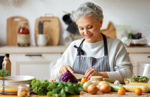 Happy mature woman preparing healthy salad in kitchen