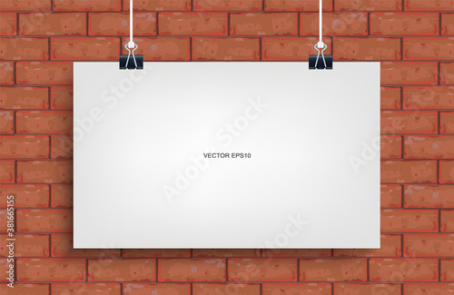 Empty white poster hanging on red brick wall texture background. Vector.