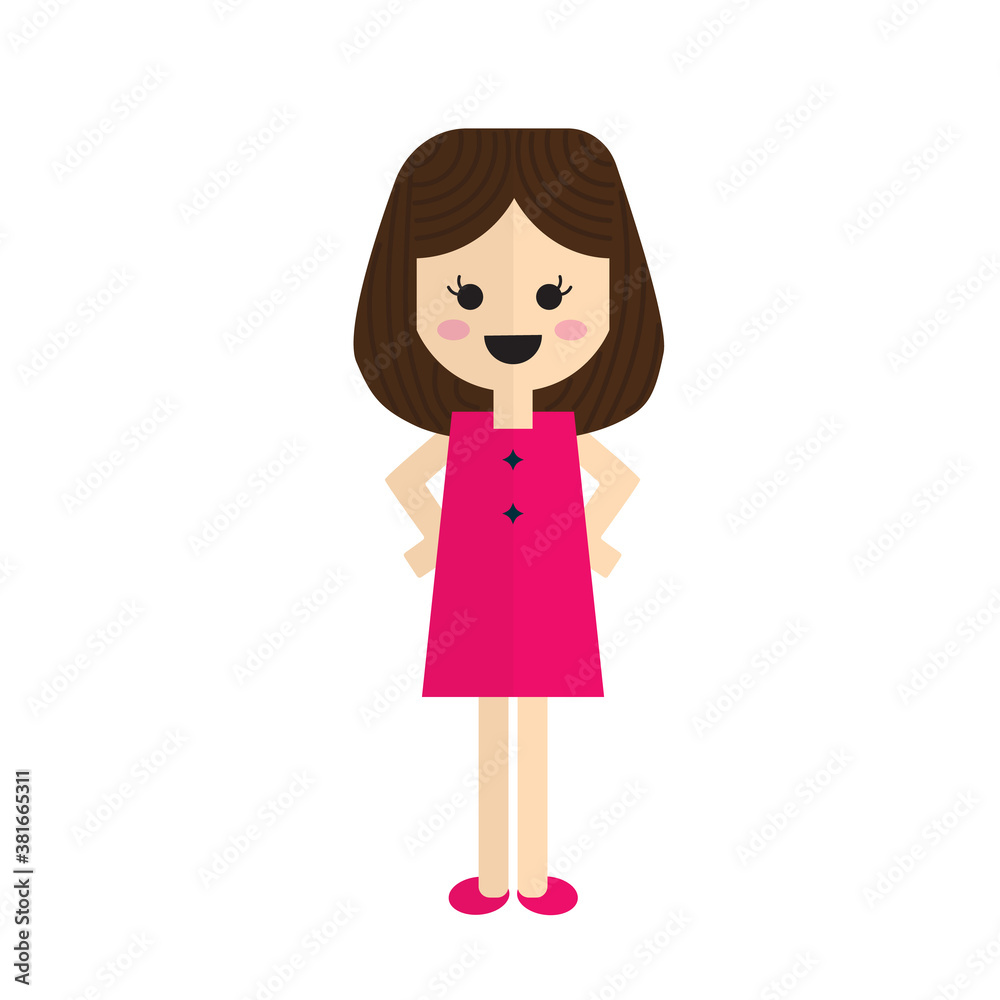 Flat vector illustration of a cute girl wearing pink dress and smiling on the white background Flat vector illustration of a cute girl wearing pink dress and smiling on the white background