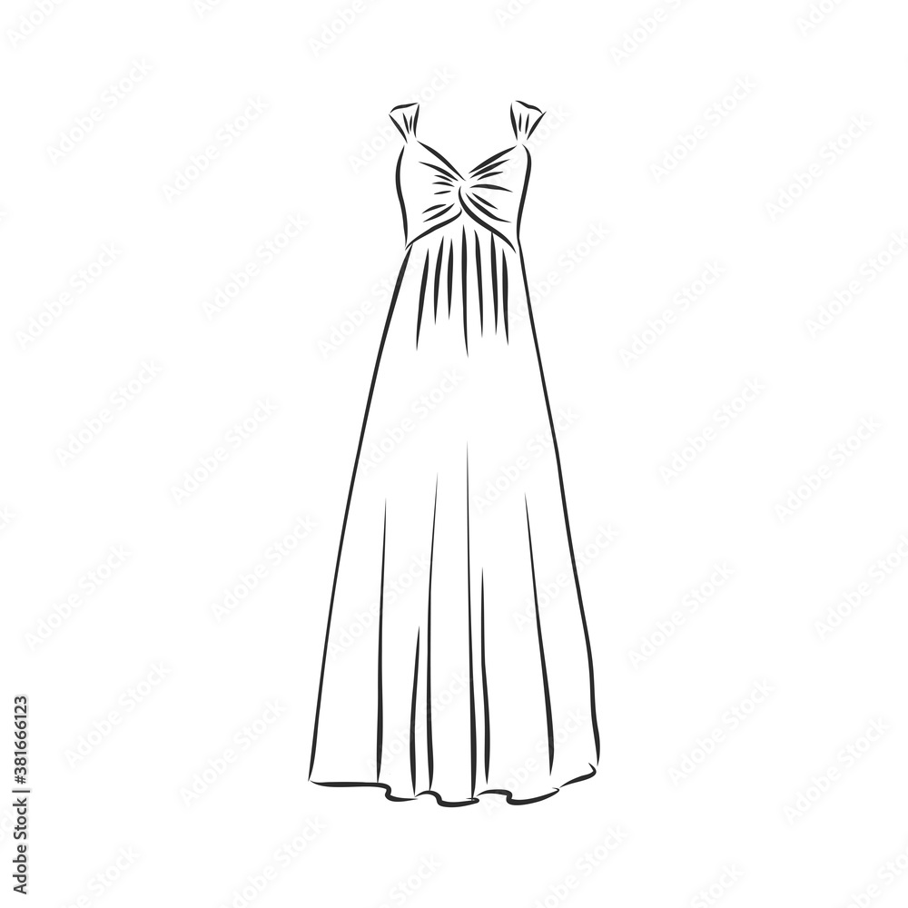 women's dresses. Hand drawn vector illustration. Black outline drawing isolated on white background women's dress, vector sketch illustration women's dresses. Hand drawn vector illustration. Black outline drawing isolated on white background women's dress, vector sketch illustration