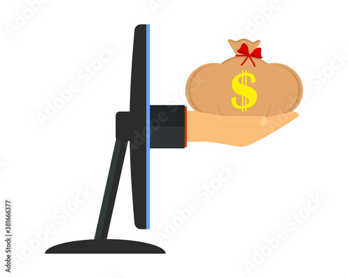 The concept of earnings and income from the Internet. A hand holds out a bag of money from a computer monitor screen. Side view. Vector illustration.