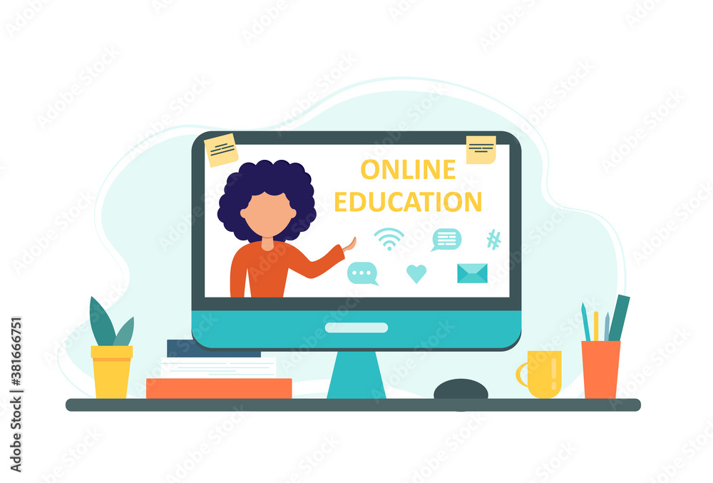Online education concept with computer, books and cup. Screen with teacher. Vector illustration in flat style. Stay at home. Self-isolation. Online education concept with computer, books and cup. Screen with teacher. Vector illustration in flat style. Stay at home. Self-isolation.