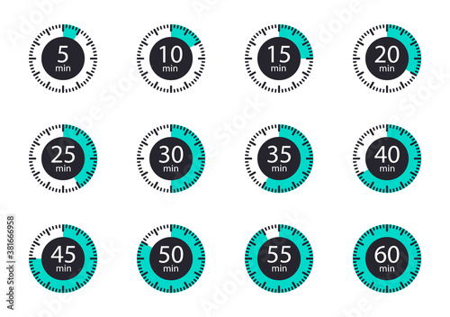 Set of timer icons. Countdown time. Clock icons.