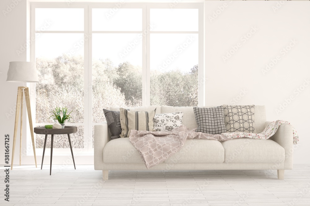 White living room with sofa. Scandinavian interior design. 3D illustration White living room with sofa. Scandinavian interior design. 3D illustration