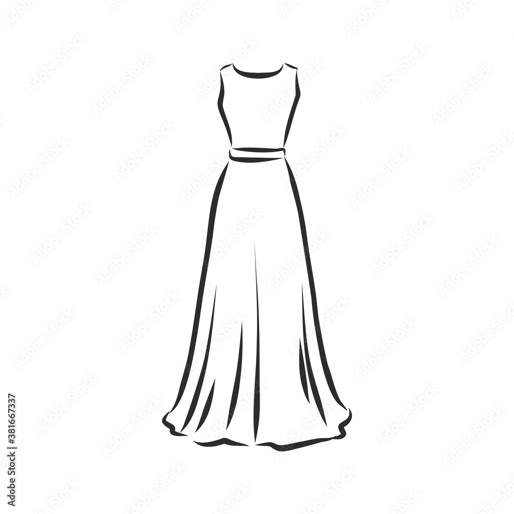 women's dresses. Hand drawn vector illustration. Black outline drawing isolated on white background women's dress, vector sketch illustration women's dresses. Hand drawn vector illustration. Black outline drawing isolated on white background women's dress, vector sketch illustration
