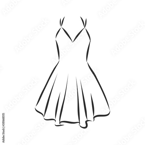women's dresses. Hand drawn vector illustration. Black outline drawing isolated on white background women's dress, vector sketch illustration