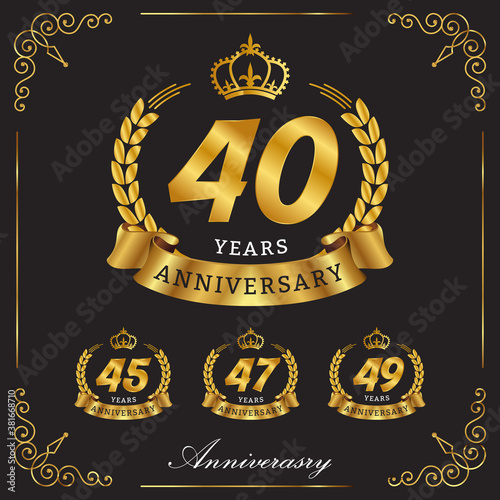 set 40, 45, 47, 49 th golden anniversary logo, with gold ribbon, laurel wreath isolated on black background, vector design for birthday celebration photo
