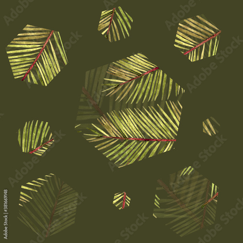 Seamless pattern illustration with palm tropical leaves in hextagons isolated on green background