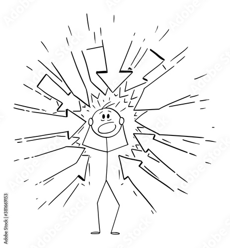 Vector cartoon stick figure drawing conceptual illustration of stressed man with many arrows pointing at him as some request or blaming him.