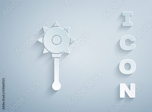 Paper cut Medieval chained mace ball icon isolated on grey background. Medieval weapon. Paper art style. Vector.