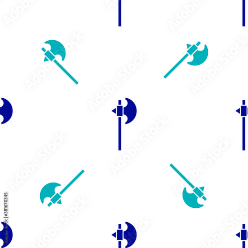 Blue Medieval axe icon isolated seamless pattern on white background. Battle axe, executioner axe. Medieval weapon. Vector.
