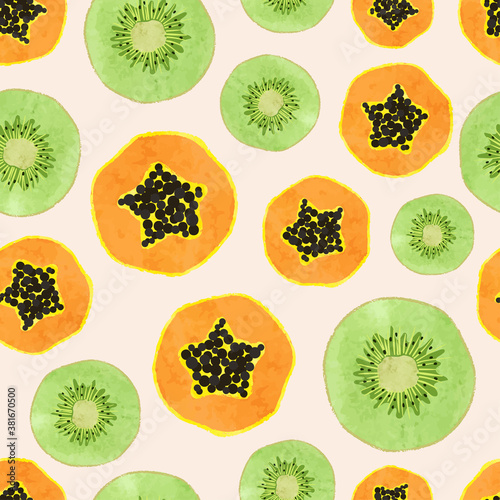 Seamless tropical fruit pattern with watercolor kiwi and papaya slices.