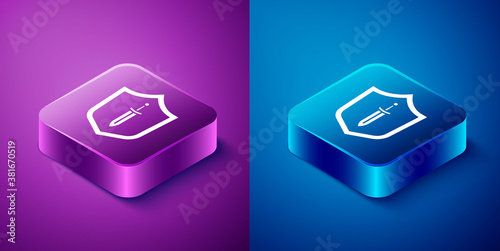 Isometric Medieval shield with sword icon isolated on blue and purple background. Square button. Vector.