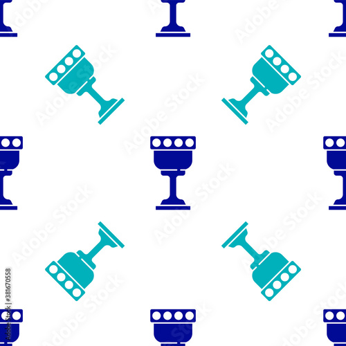 Blue Medieval goblet icon isolated seamless pattern on white background. Holy grail. Vector.