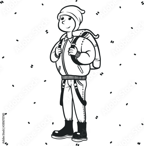 Young man in a  puffer jacket. Isolated person illustration. Hand-drawn vector people. Autumn outfit illustration. Modern man illustration for web and print. Person is isolated.