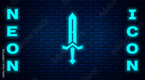 Glowing neon Medieval sword icon isolated on brick wall background. Medieval weapon. Vector.
