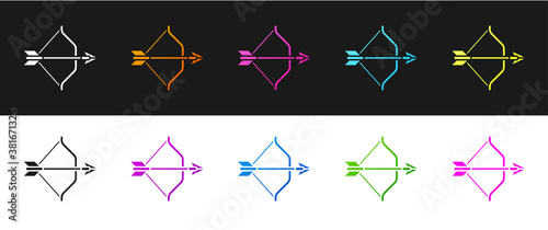 Set Medieval bow and arrow icon isolated on black and white background. Medieval weapon. Vector.