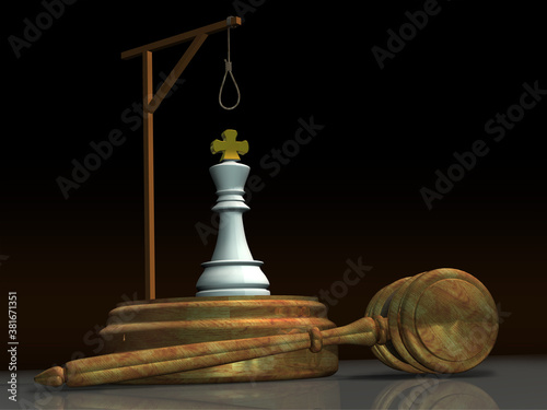 The hammer of justice and the black and white chess piece of the king under the gallows. The concept of punishing the head of state. 3D rendering. photo