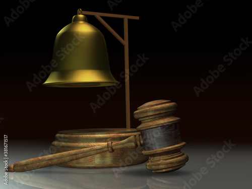 Hammer of justice and bell. 3D rendering.