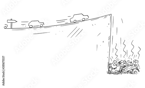 Vector cartoon drawing conceptual illustration of cars moving fast following the road sign but falling down off cliff. Concept of dead end technology, ecology, planning, strategy or obstacles in way.