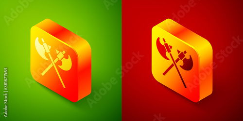 Isometric Crossed medieval axes icon isolated on green and red background. Battle axe, executioner axe. Medieval weapon. Square button. Vector.
