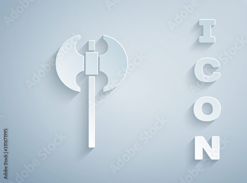 Paper cut Medieval axe icon isolated on grey background. Battle axe, executioner axe. Medieval weapon. Paper art style. Vector.