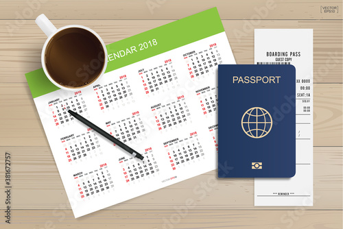 Abstract calendar background with passport and coffee cup on wood. Background for tourism and traveling idea. Vector.